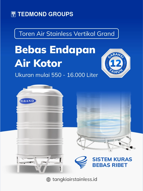 Toren Air Stainless Vertikal Grand, Bebas Endapan Air Kotor