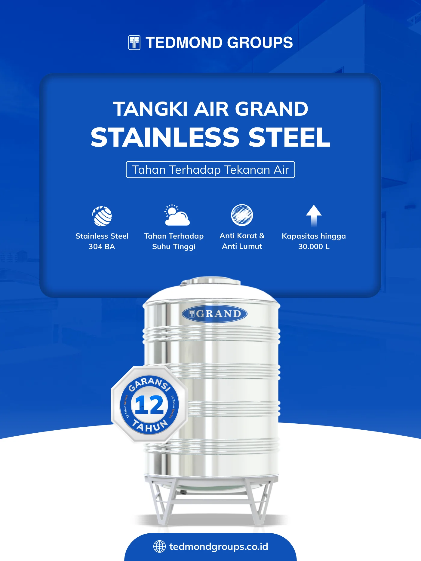 Toren Air Stainless Horizontal Grand, Tahan Terhadap Tekanan Air