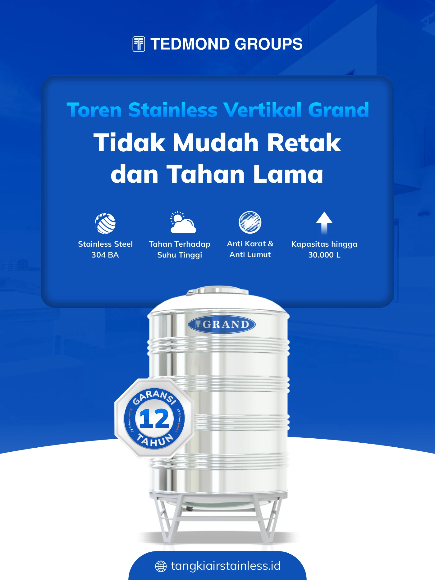 Toren Stainless Vertikal Grand, Tidak Mudah Retak dan Tahan Lama