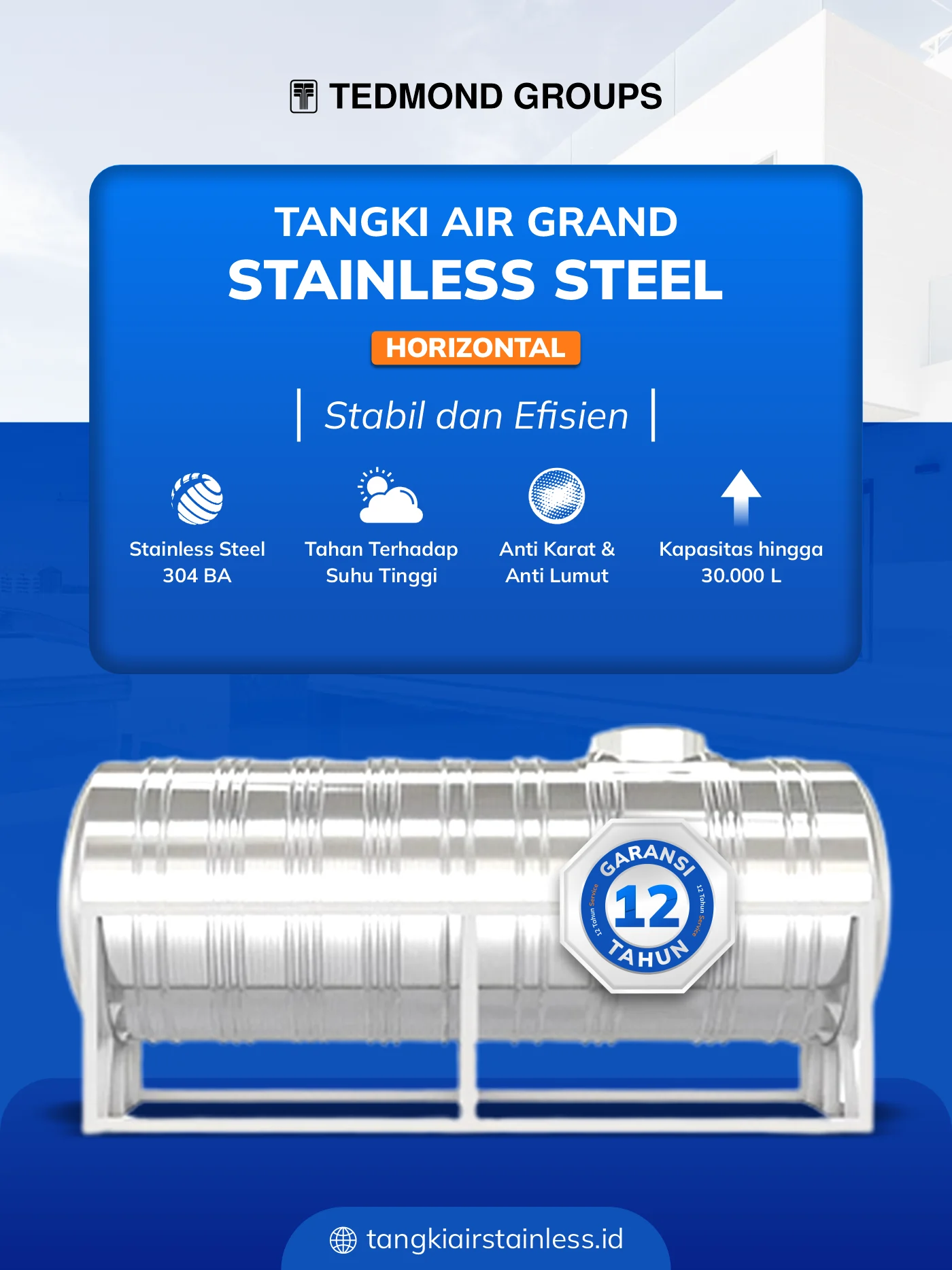 Toren Air Stainless Horizontal Grand, Stabil dan Efisien
