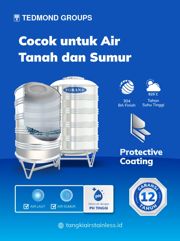 Toren Air Stainless Coating Grand, Cocok untuk Air Tanah dan Sumur