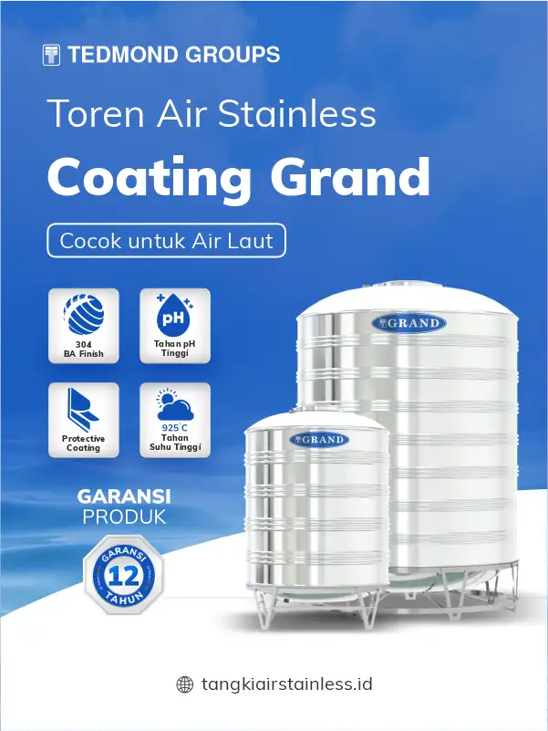 Toren Air Stainlesss Coating Grand, Cocok untuk Air Laut