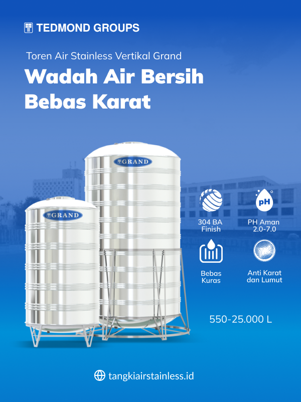 Toren Air Stainless Vertikal Grand, Wadah Air Bersih Bebas Karat